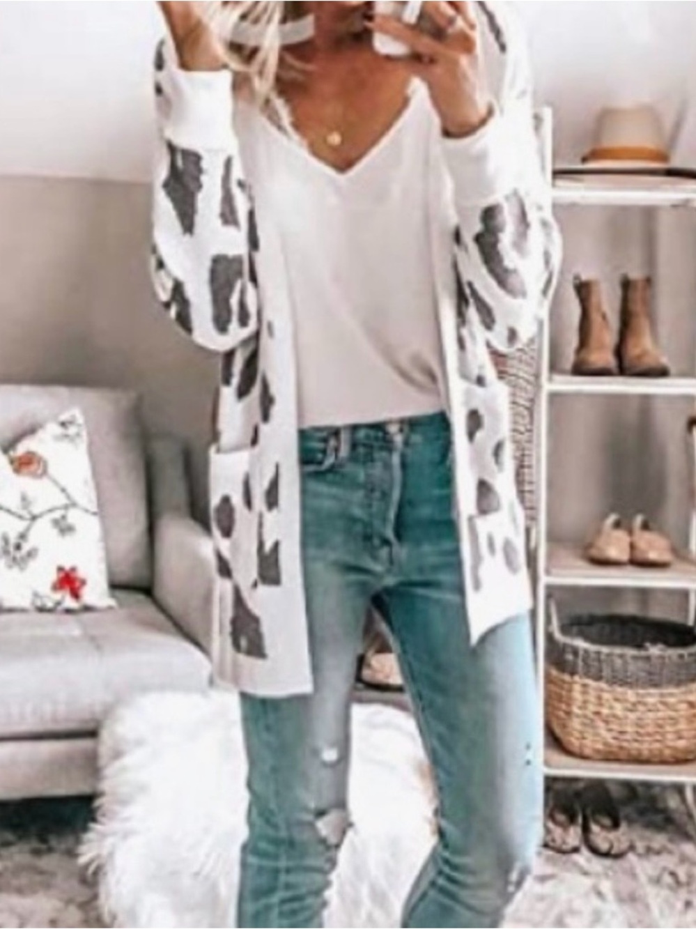 Zesica Cream and Gray Animal Print Open Cardigan Super Soft Size L
